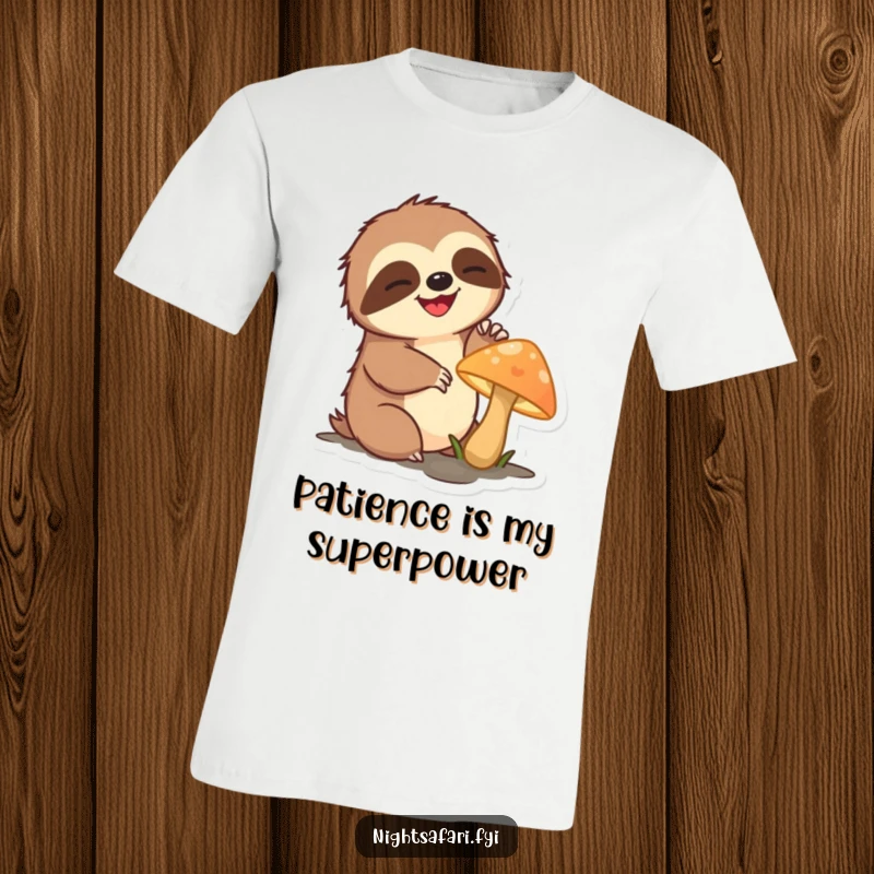 Funny sloth t-shirt depicting a delighted sloth character slowly extending a limb towards a luminous mushroom.