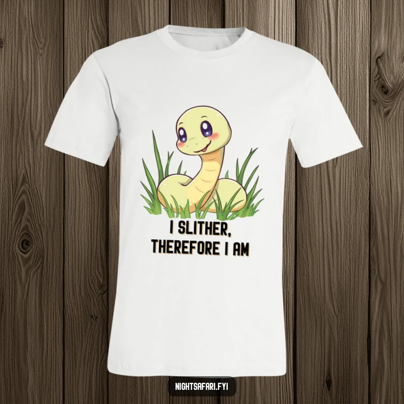 Funny t-shirt with a smiling snake, its glowing eyes piercing through lush green grass, showcasing wild reptilian charm.