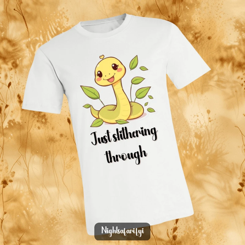 Funny t-shirt depicting a happy snake character enjoying a playful slither amongst colorful fallen leaves.