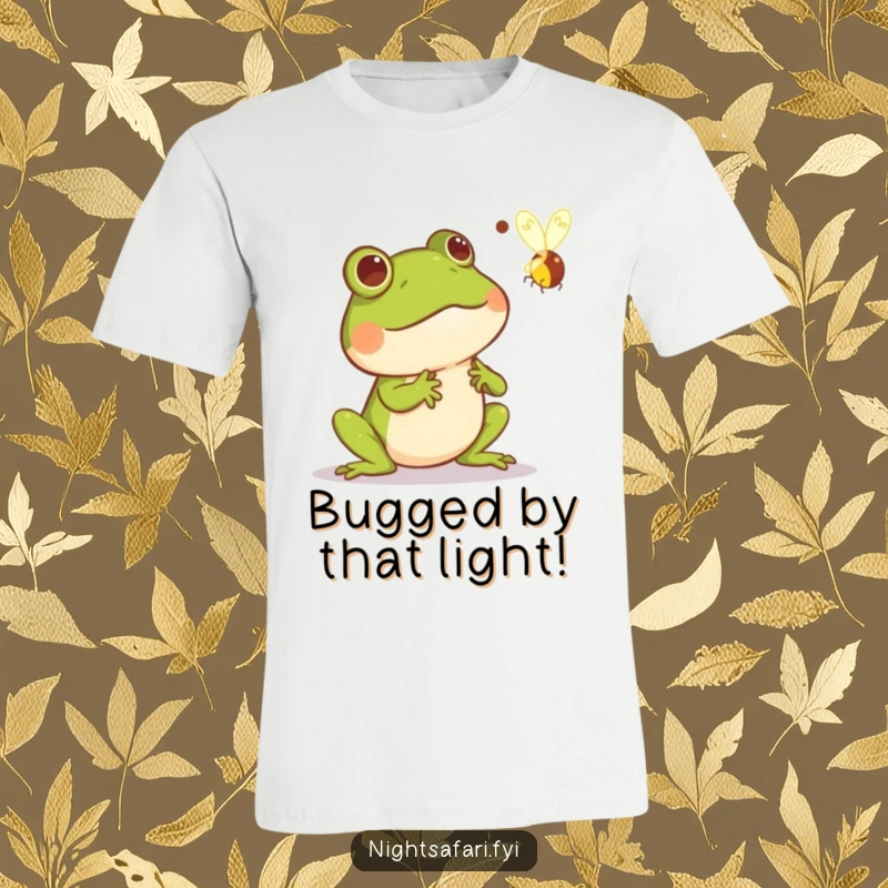 Funny t-shirt depicting a frog comically leaping away from a swift, glowing firefly, capturing a moment of pure, unexpected fright.