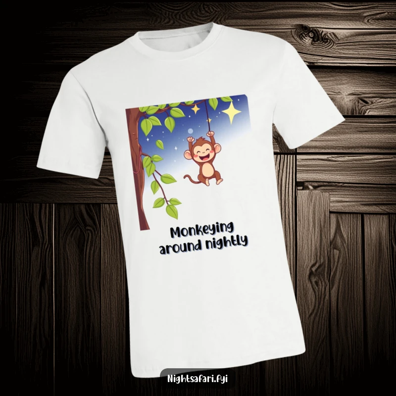 Funny monkey t-shirt gleefully swinging from a vine under a starry sky, capturing wild fun.