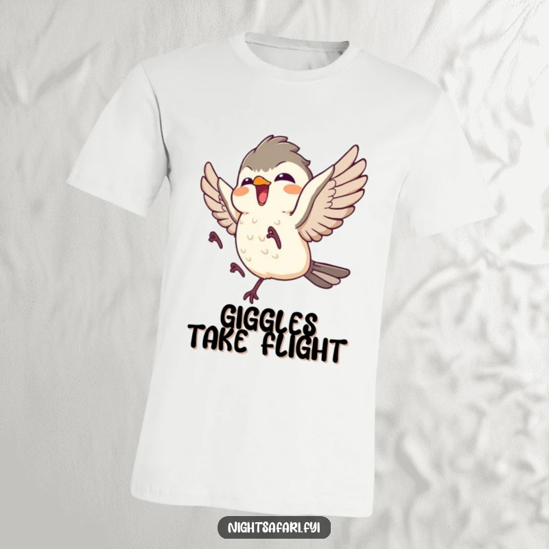 Funny t-shirt showcasing a giggling nightjar character in ecstatic flight, capturing a moment of pure avian delight.