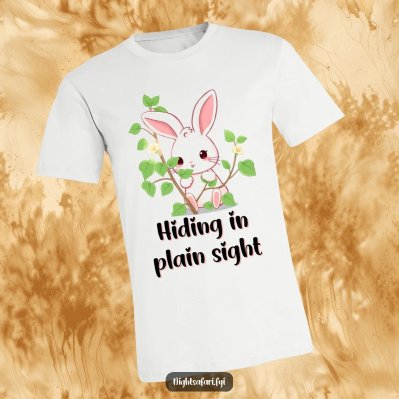 Funny T-Shirt: A cute bunny humorously peeking with curiosity from behind a glowing, luminous vine.