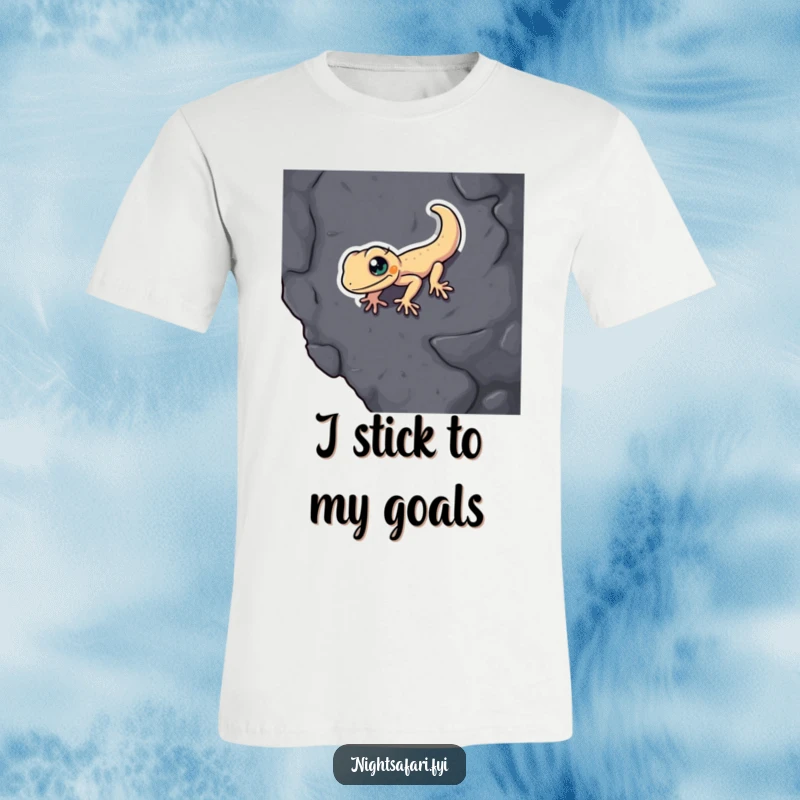 Funny Gecko T-Shirt: A determined gecko is hilariously climbing a dark, textured wall, inspiring perseverance.