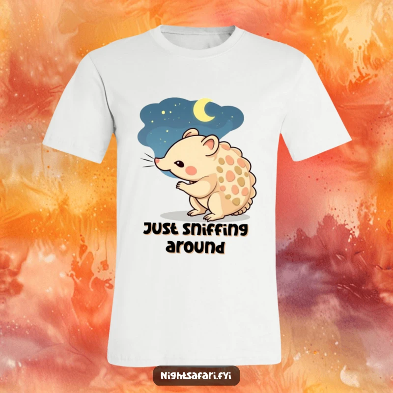 Funny t-shirt depicting a curious pangolin character taking a deep sniff of the tranquil night air.