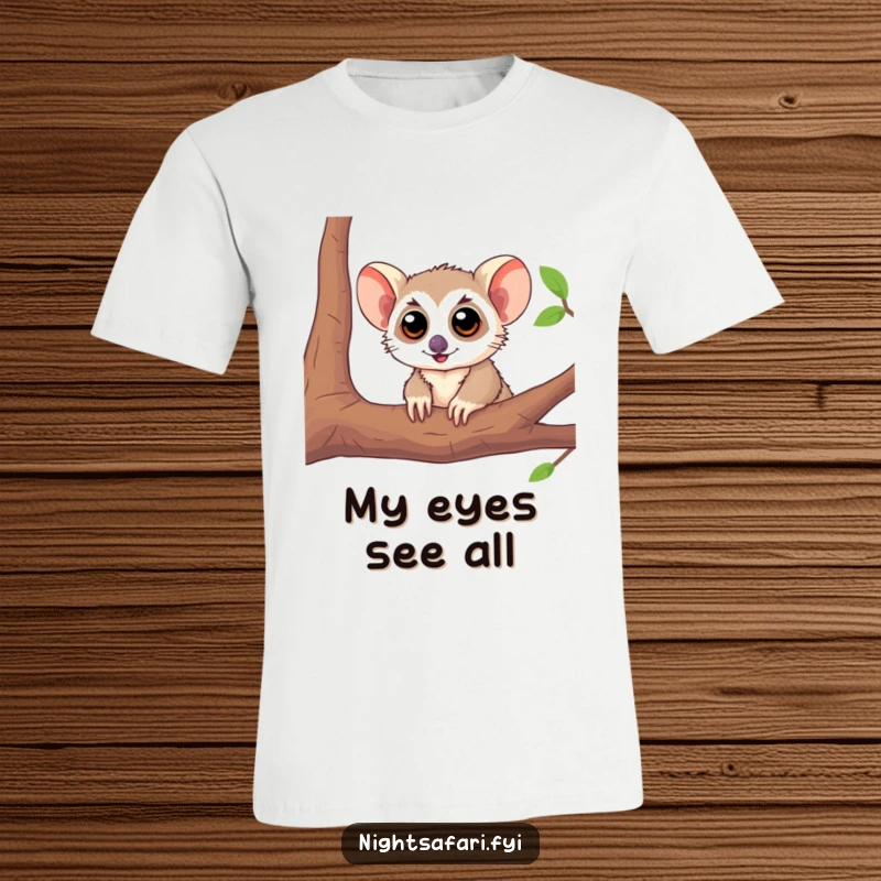 Funny Tarsier T-Shirt featuring a playful tarsier with big eyes peeking from a branch, a humorous animal design.