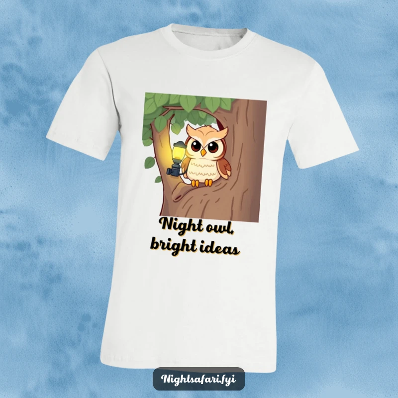 Funny owl wearing a headlamp emerges from a tree, embodying curiosity and a love for nighttime exploration.
