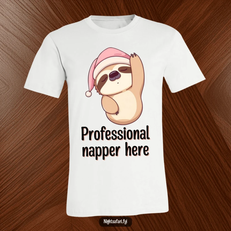 Funny Sloth T-Shirt showing a sleepy sloth wearing a nightcap, hanging upside down in a humorous pose.