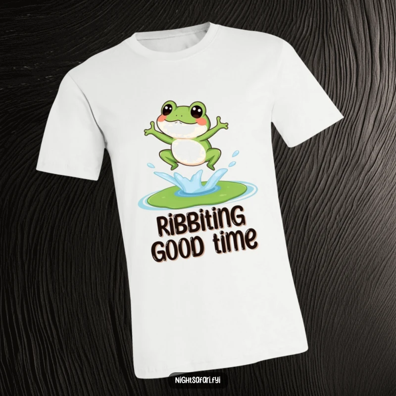 Funny t-shirt showcasing a giggling frog mid-leap onto a lily pad, radiating pure, unadulterated joy.