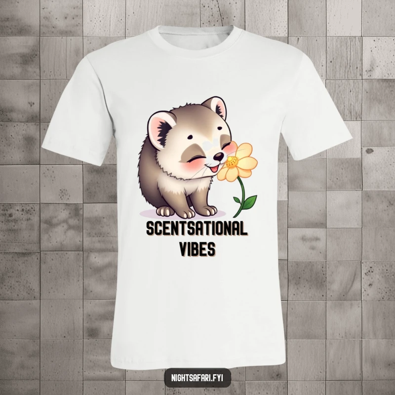 Funny T-shirt depicting a happy civet cat joyfully sniffing a glowing flower, showcasing natural curiosity and delight.