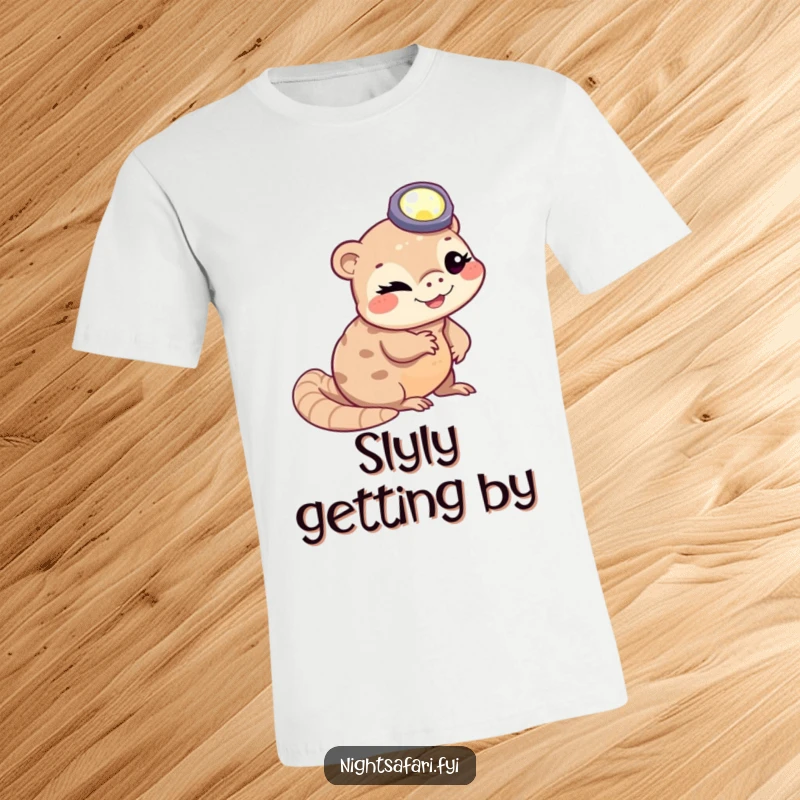 Funny winking pangolin wearing a headlamp slithering, depicted on a humorous t-shirt for a unique look.
