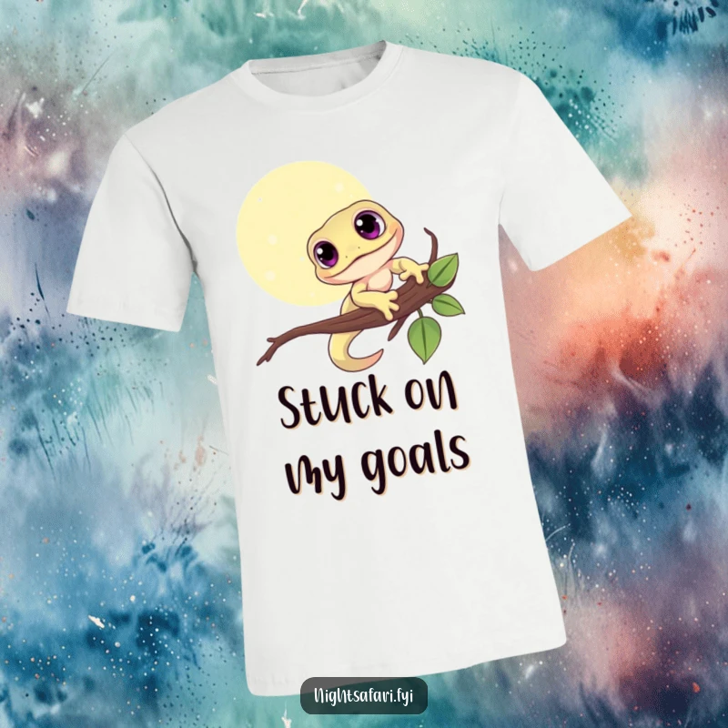 Funny t-shirt with a cute gecko, its large eyes wide, clinging to a branch under a glowing moon.