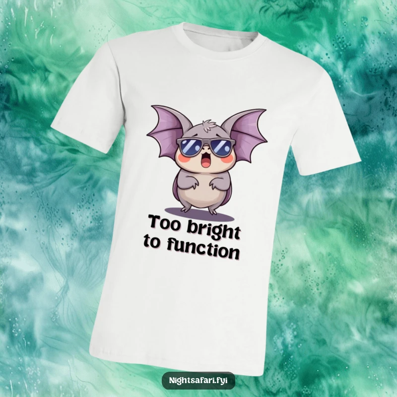 Funny Bat T-Shirt: A sleepy bat with tiny sunglasses yawns widely, radiating daytime chill and humor.