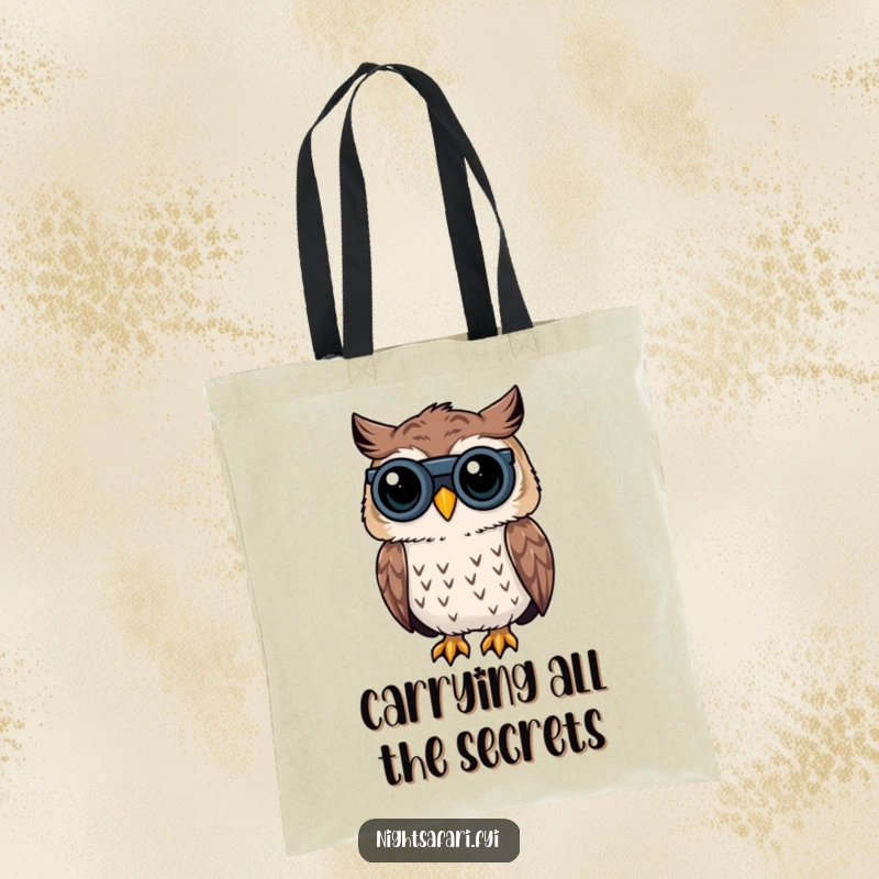 Funny Owl Binoculars Tote Bag: A curious owl with binoculars peering into darkness, ideal for a funny gift.
