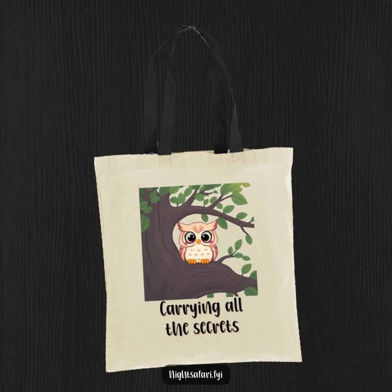 Funny tote bag with a curious owl, wide eyes peering from a shadowy tree branch, a mysterious companion.