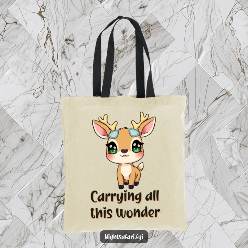 Funny Deer Glowing Eyes Tote Bag: A surprised deer wearing glowing eyes looks up, great for carrying essentials with woodland charm, a funny gift.