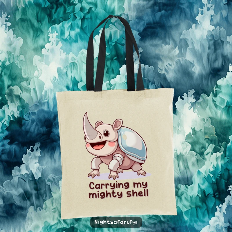 Funny Rhinoceros Beetle Tote Bag: A joyful beetle with shiny armor crawling upwards, a humorous and functional accessory.