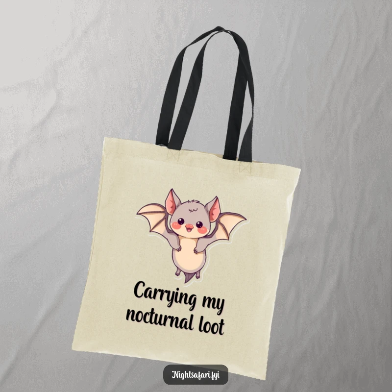 Funny tote bag featuring a curious bat with tiny wings in the middle of a fun, playful flying loop.