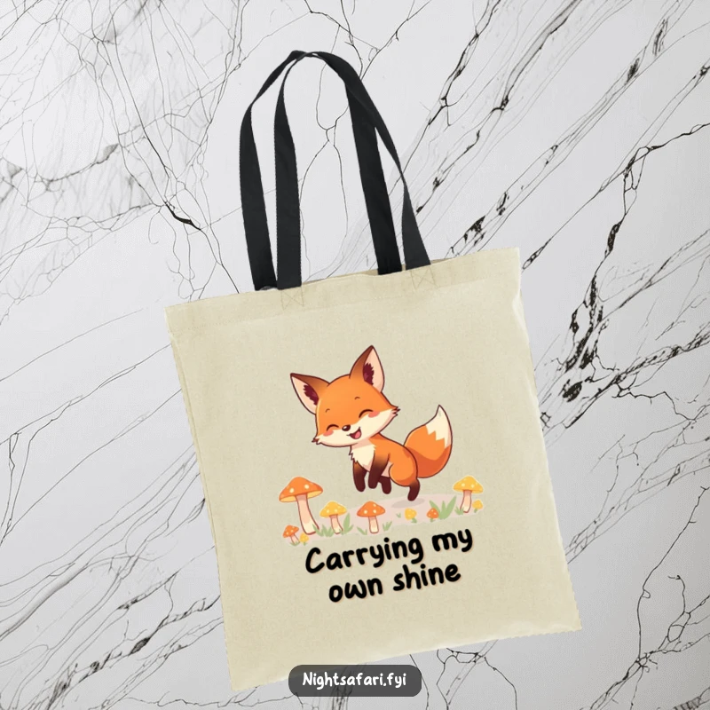 Funny tote bag showcasing a happy fox with a wide smile, tiptoeing amidst a cluster of ethereal, glowing mushrooms, for magical outings.