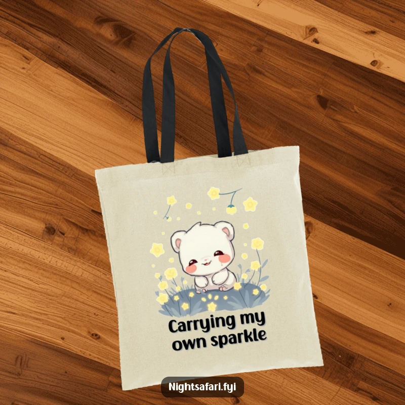 Funny tote bag with a giggling shy creature hiding amongst glowing fireflies, perfect for carrying items with whimsical charm.