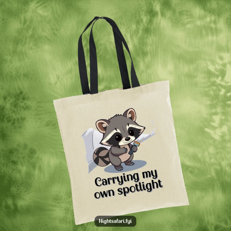 Funny Raccoon Tote Bag: A curious raccoon with a flashlight explores a shadowy path, perfect for carrying humor.