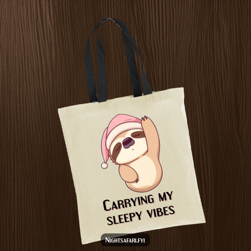 Funny Sloth Tote Bag with a sleepy sloth in a nightcap hanging upside down, great for carrying daily items.