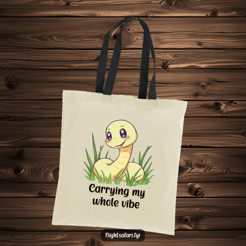 Funny tote bag showcasing a smiling snake with luminous glowing eyes, moving through a field of green grass.