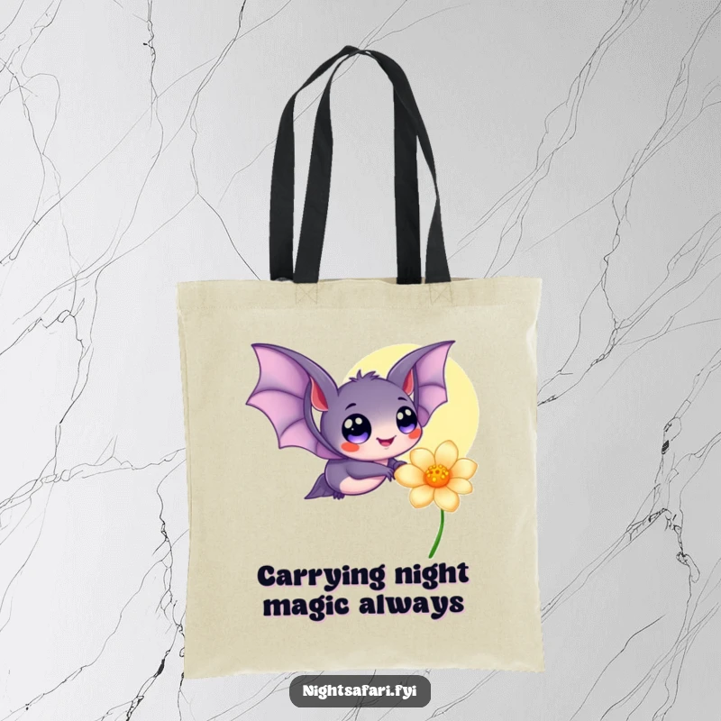 Funny tote bag featuring a cute bat with wide, happy eyes, fluttering gracefully by a luminous, glowing flower, perfect for enchanted errands.