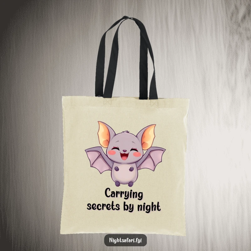 Funny tote bag with a delighted bat having tiny glowing wings, doing a joyful flutter, perfect for carrying items humorously.