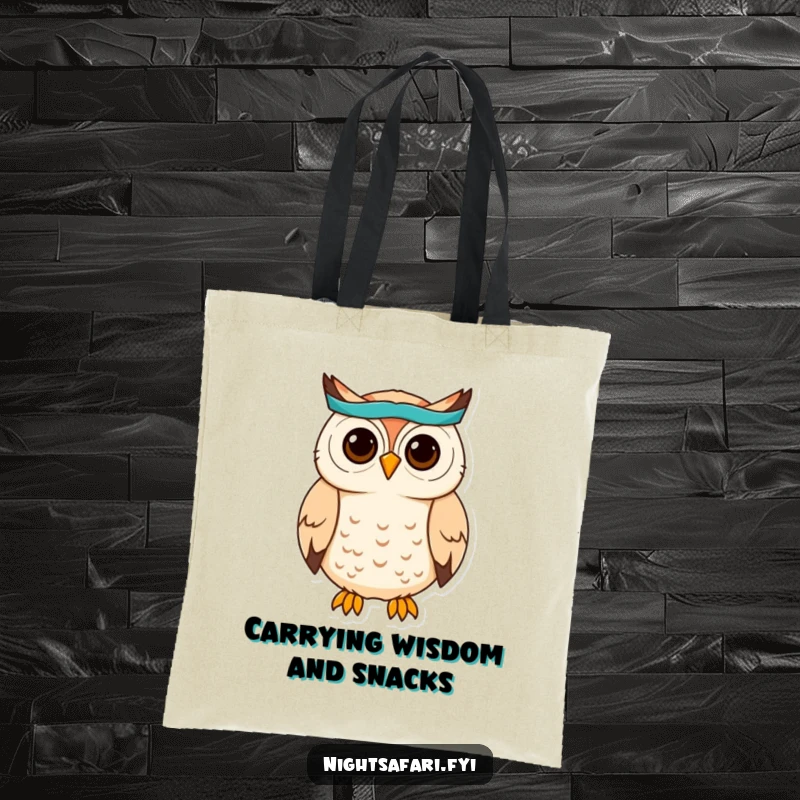 Funny Owl Headband Tote Bag: A cute owl wearing a headband hoots, great for carrying essentials with wise charm, a practical funny gift.
