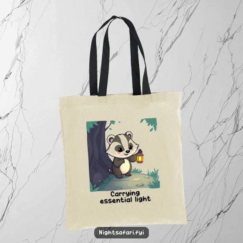 Funny badger with a lantern on this tote bag, perfect for carrying adventure gear and essentials.
