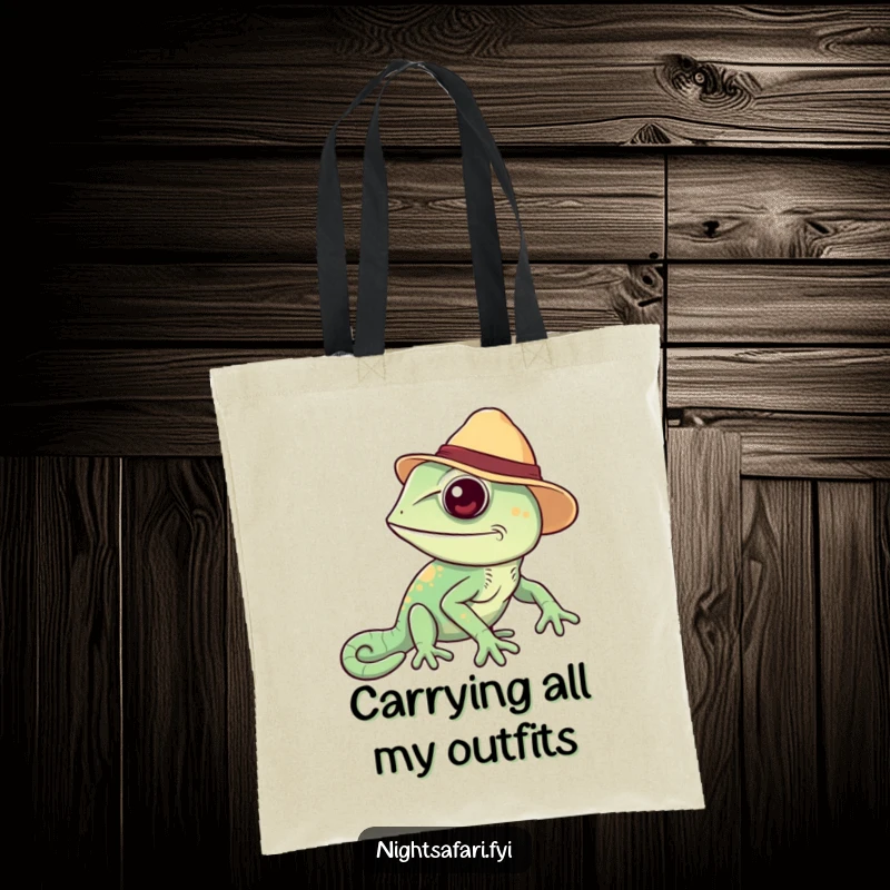 Funny Chameleon Tote Bag: A cheerful chameleon in a safari hat, changing colors, a stylish and humorous accessory.