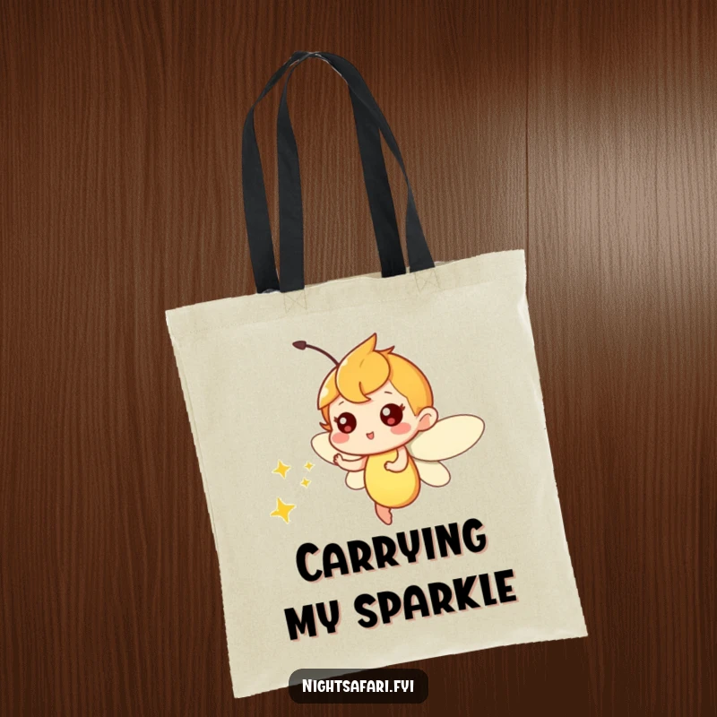 Funny tote bag with a playful firefly character zipping around, emitting a soft glow, a humorous and magical accessory.
