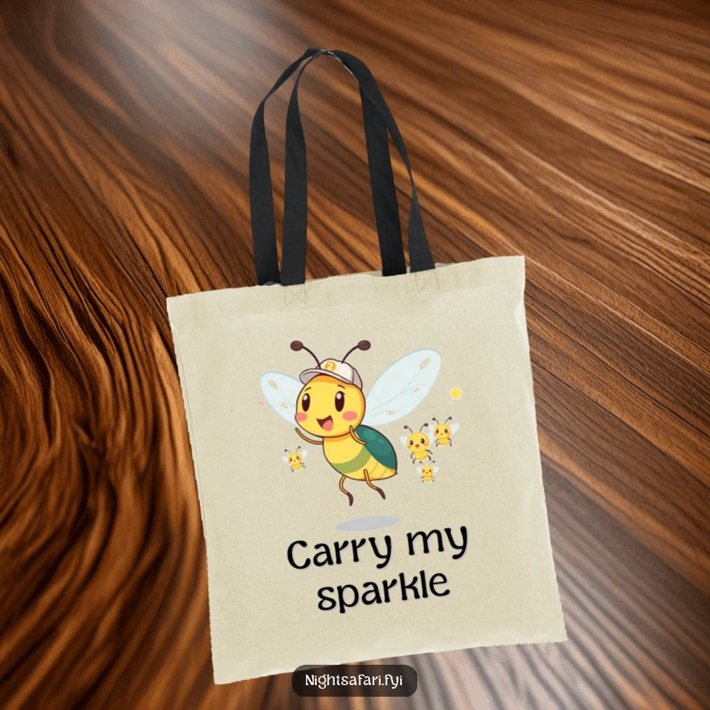 Funny Firefly Tote Bag: A firefly leads a parade, a humorous and radiant companion for carrying your day.