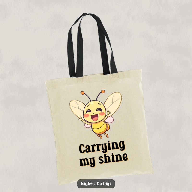 Funny Firefly Tote Bag: An excited firefly character glowing brightly, perfect for carrying essentials with a touch of luminous joy.