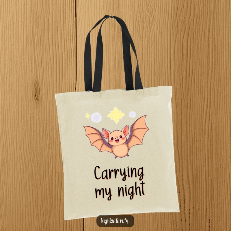 Funny Fruit Bat Tote Bag depicting a delighted fruit bat soaring under a starry expanse, a magical and practical accessory.