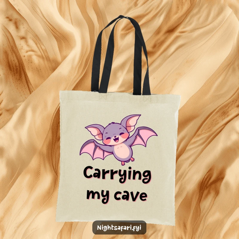 Funny tote bag depicting a giggling bat character doing a spirited loop-the-loop overhead, great for shopping.