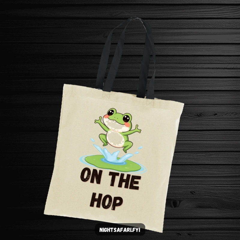 Funny tote bag featuring a jubilant, giggling frog making a big splash on a lily pad, perfect for carrying essentials.