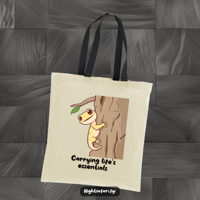 Funny Gecko Tote Bag: A giggling gecko with a long tail scurrying up bark, a humorous and functional accessory.