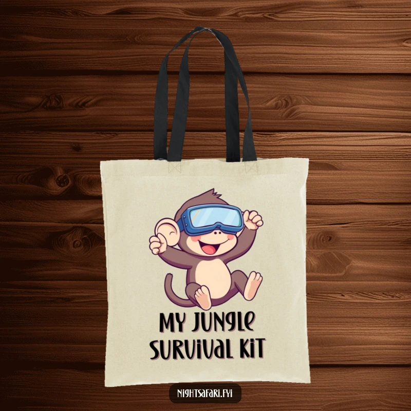 Funny Monkey Tote Bag depicting a playful monkey in night vision goggles swinging, perfect for carrying essentials with a touch of jungle mischief.