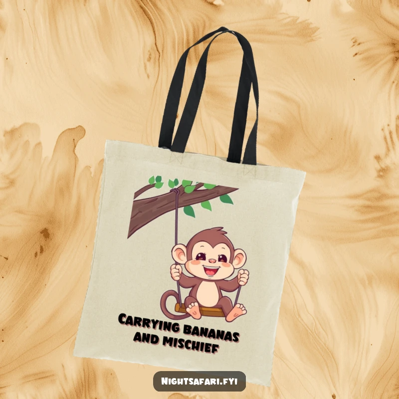 Funny Monkey Headlamp Tote Bag: A playful monkey wearing a headlamp swings, great for carrying essentials with jungle charm, a funny gift.