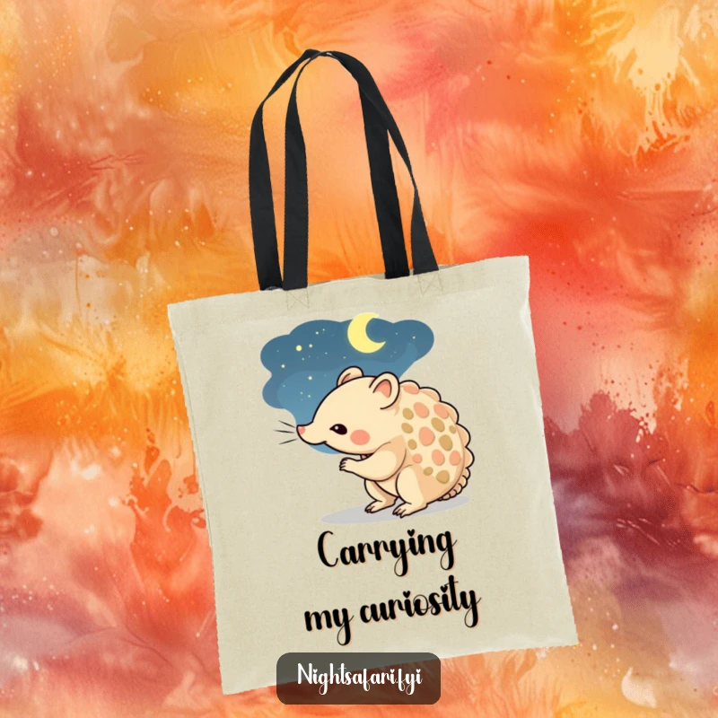 Funny tote bag with a curious pangolin character depicted sniffing the dark night air.