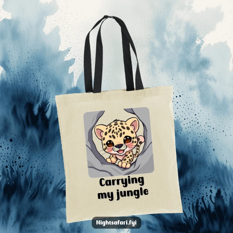 Funny tote bag illustrating a smiling leopard character stealthily moving through shadowy forest, great for daily use.