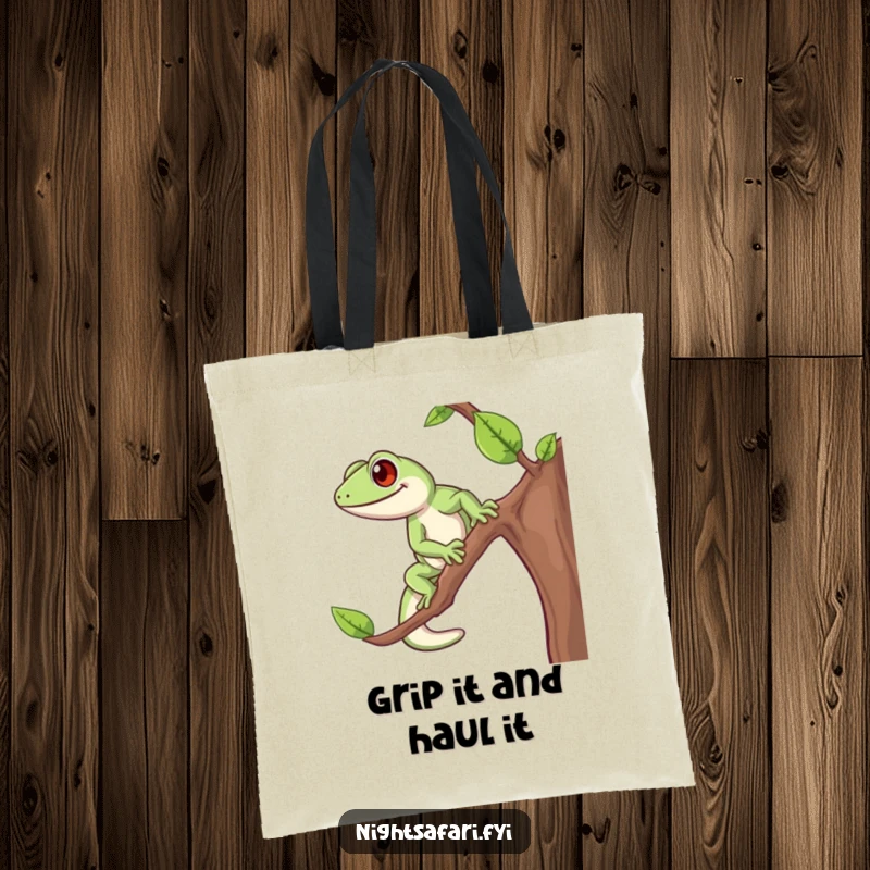 Funny Gecko Tote Bag featuring a bright-eyed gecko energetically climbing a branch, a cute and practical accessory.