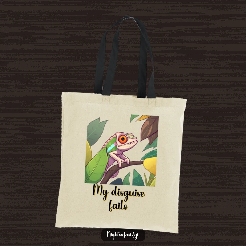 Funny tote bag illustration of a determined chameleon blending seamlessly with a vibrant jungle leaf, ideal for stylish and humorous shoppers.